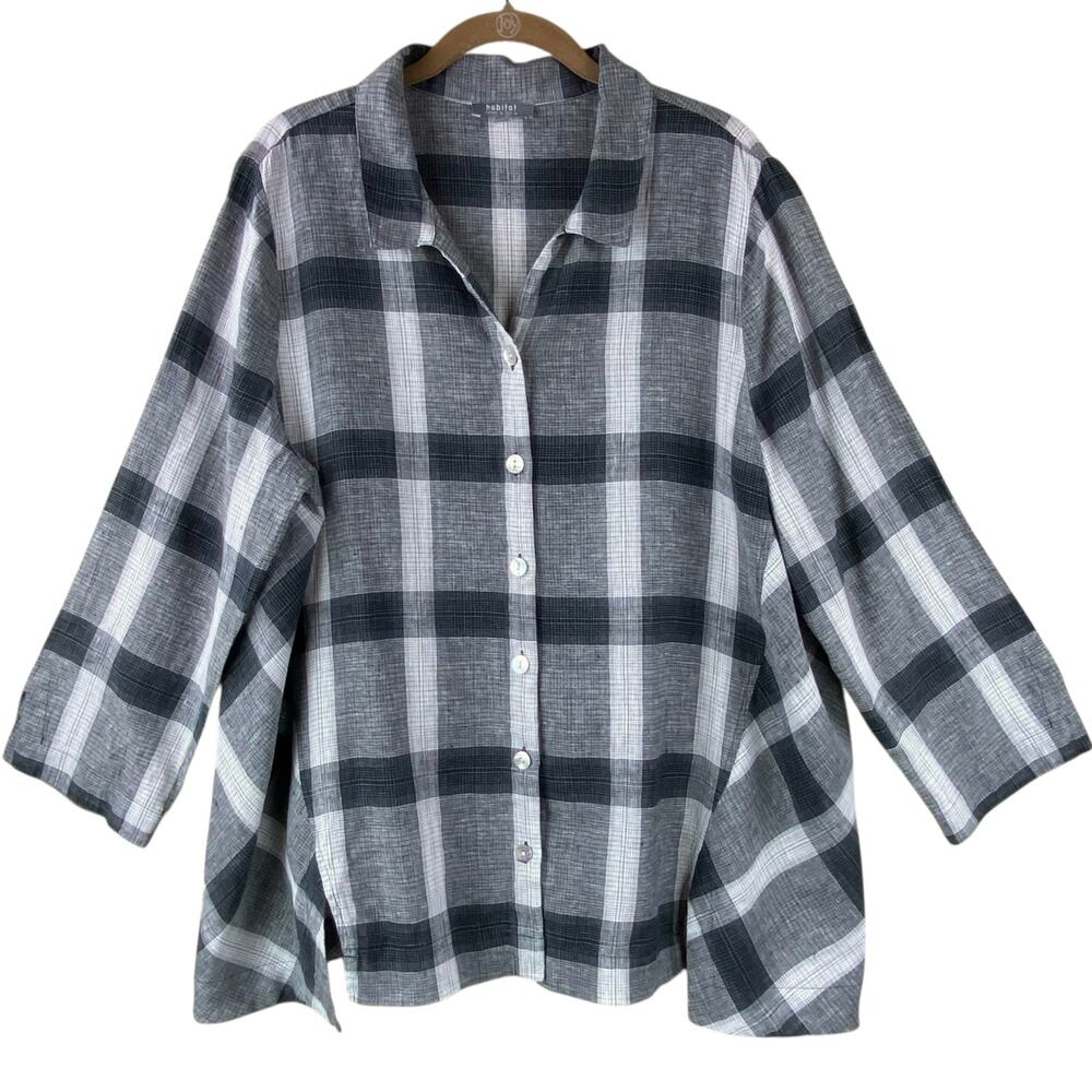 Habitat Linen Cotton Plaid Tunic Top Size L Gray Art To Wear